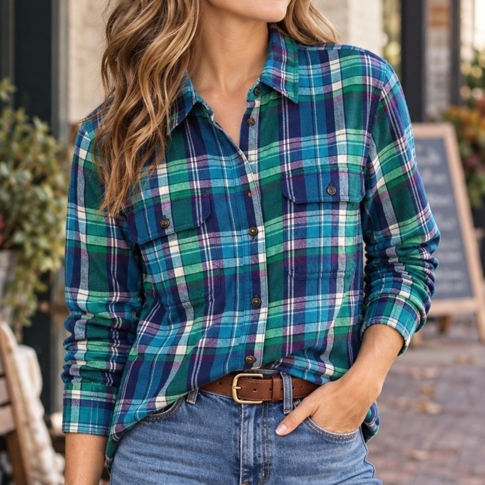Chaps Womens Medium Plaid Flannel Shirt Blue Green Button Front Pocket Top